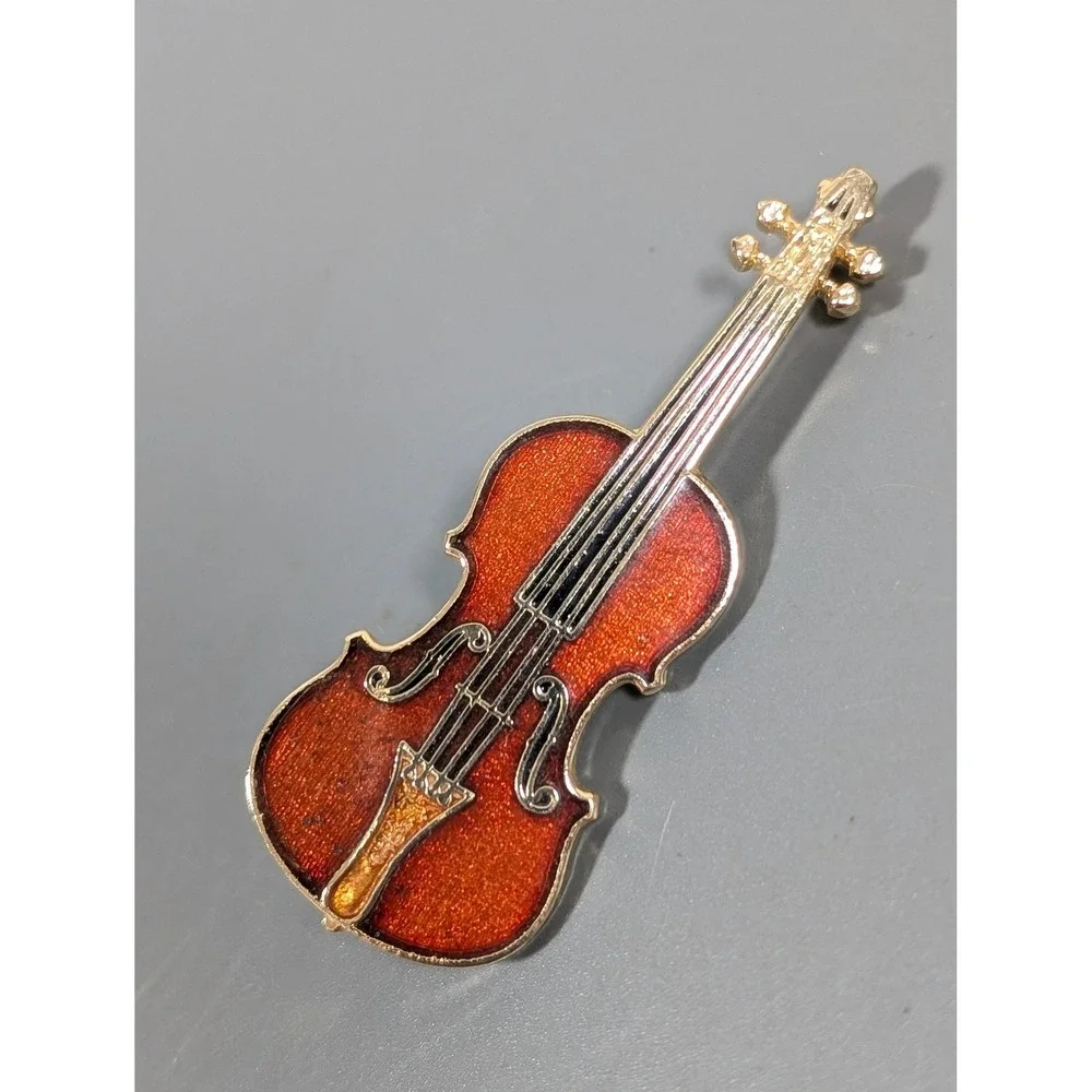 Vintage Brown Enamel Cello Double Bass Brooch Pin Made in USA Music‎